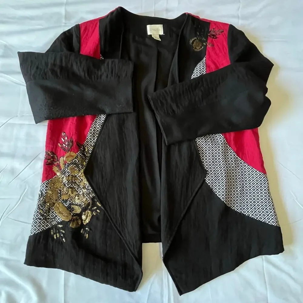 Chico's Size 2 Black Open Front Sequin Embroidered Jacket Cardigan Floral
